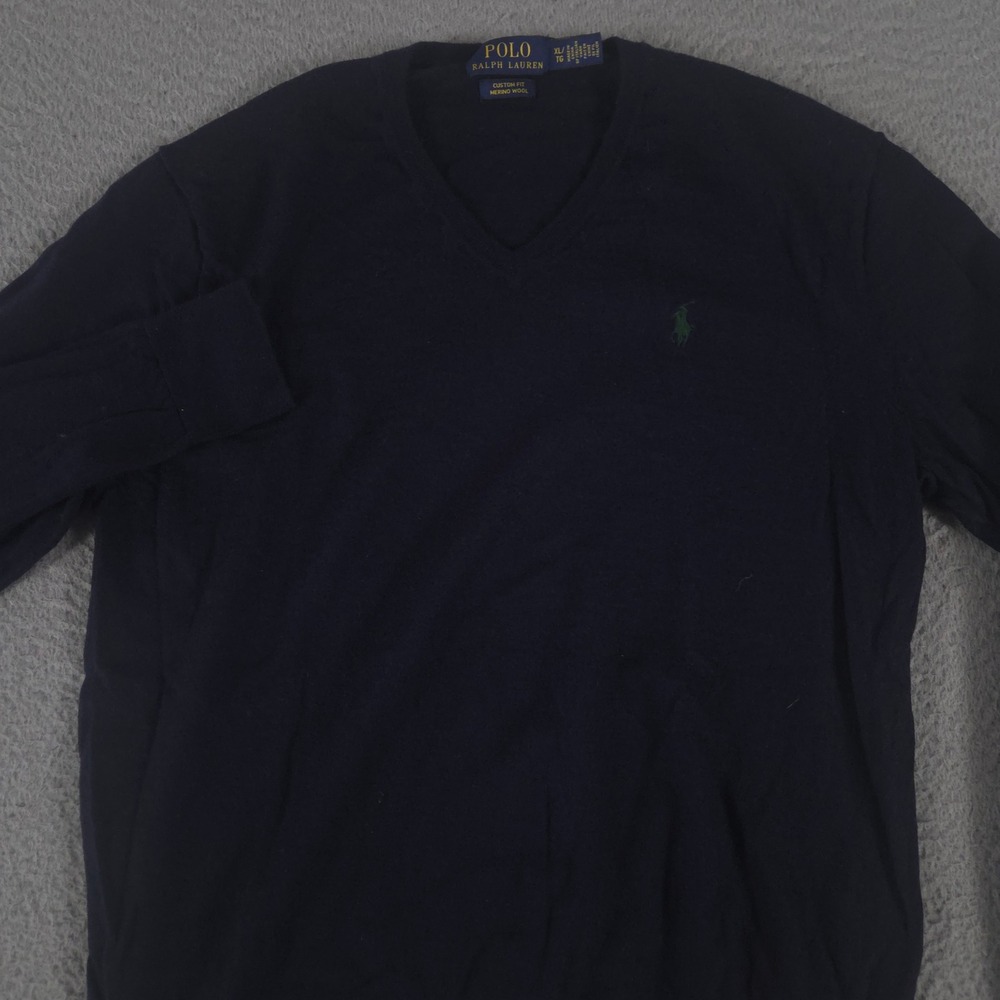 Polo Ralph Lauren Sweater Mens XL Navy Custom Fit Merino Wool V-Neck Pony Logo